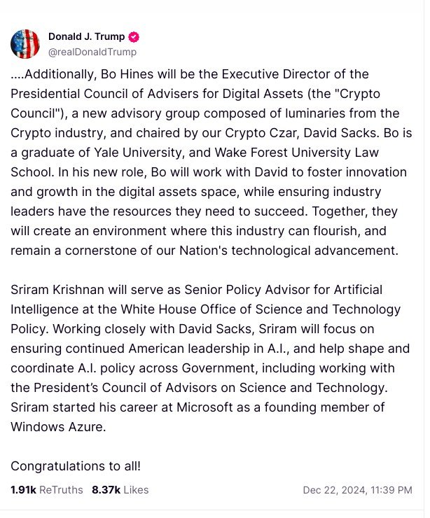 President-Elect Trump on Bo Hines’ Appointment Source: truthsocial.com
