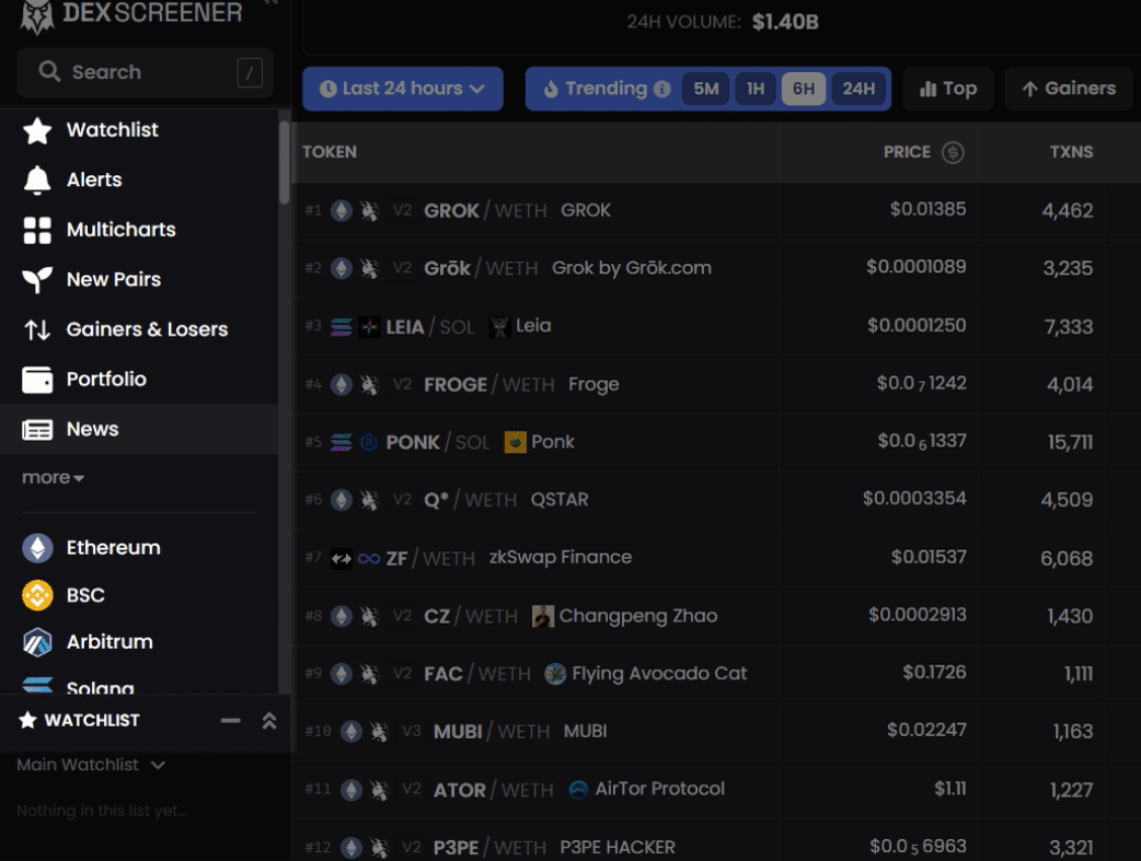 DEX Screener Sidebar Menu. Source: dexscreener.com