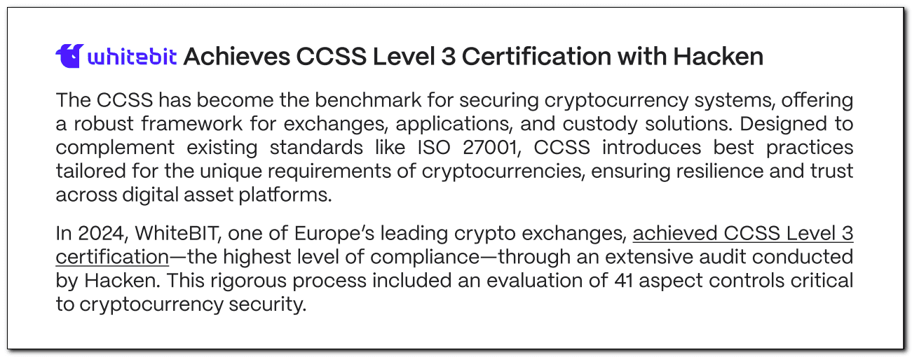 WhiteBIT Exchange Attains Prestigious CCSS Level 3 Certification. Source: hacken.io