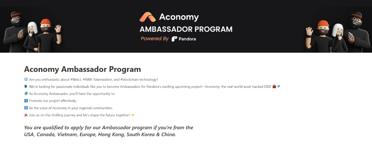 Aconomy ambassador program details. Source: pandorafinance.notion.site