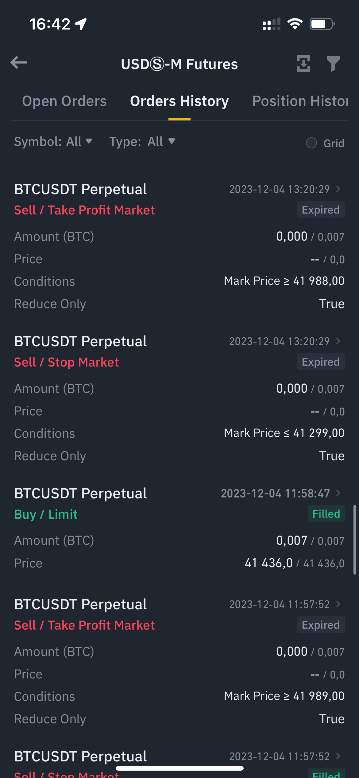 Торгові ордери користувача, що були визнані простроченими. Джерело: binance.com