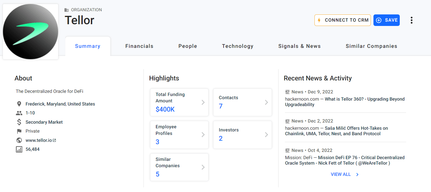 Объем инвестиций в проект Tellor Tributes. Источник: crunchbase.com