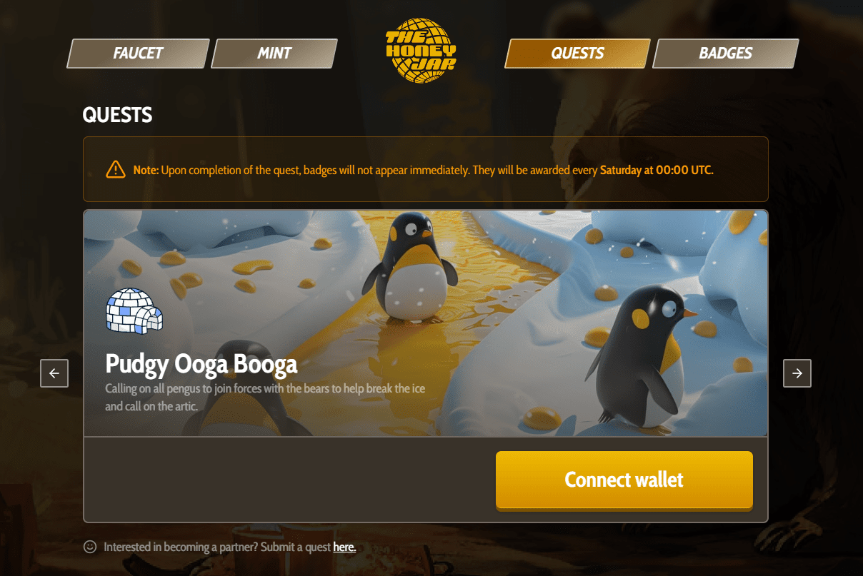 Робоча сторінка платформи для квестів Honey Jar на Berachain. Джерело: faucet.0xhoneyjar.xyz