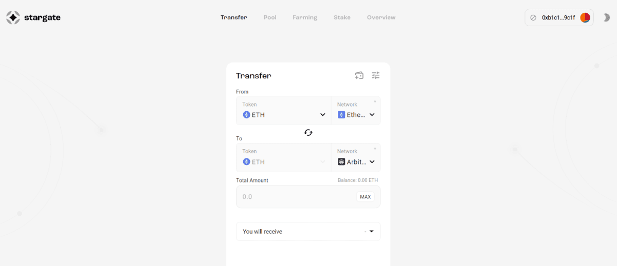 Рабочий интерфейс платформы Stargate Finance (stargate.finance)