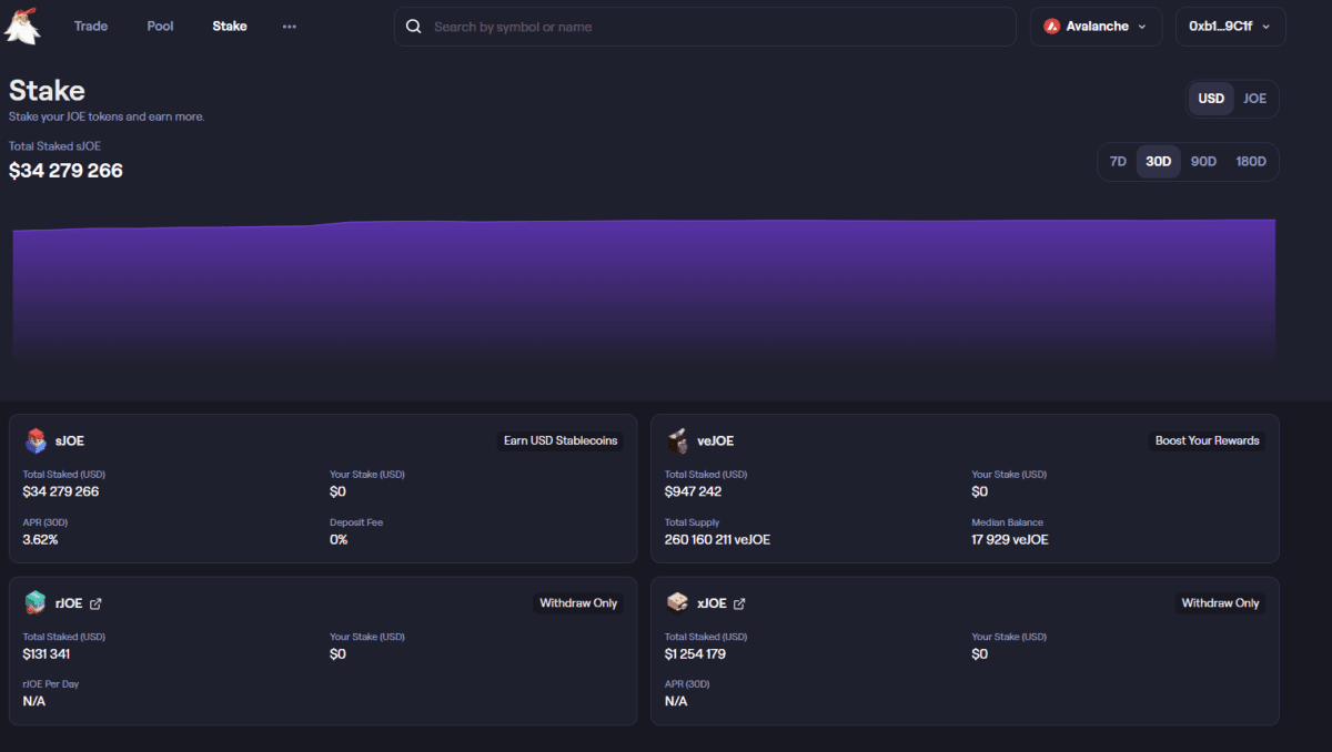 Раздел стейкинга токенов на платформе TraderJoe (traderjoexyz.com)