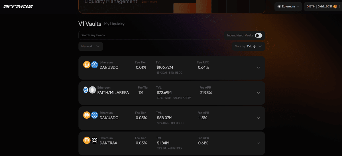 Сторінка фармінгу активів на Arrakis Джерело beta.arrakis.finance