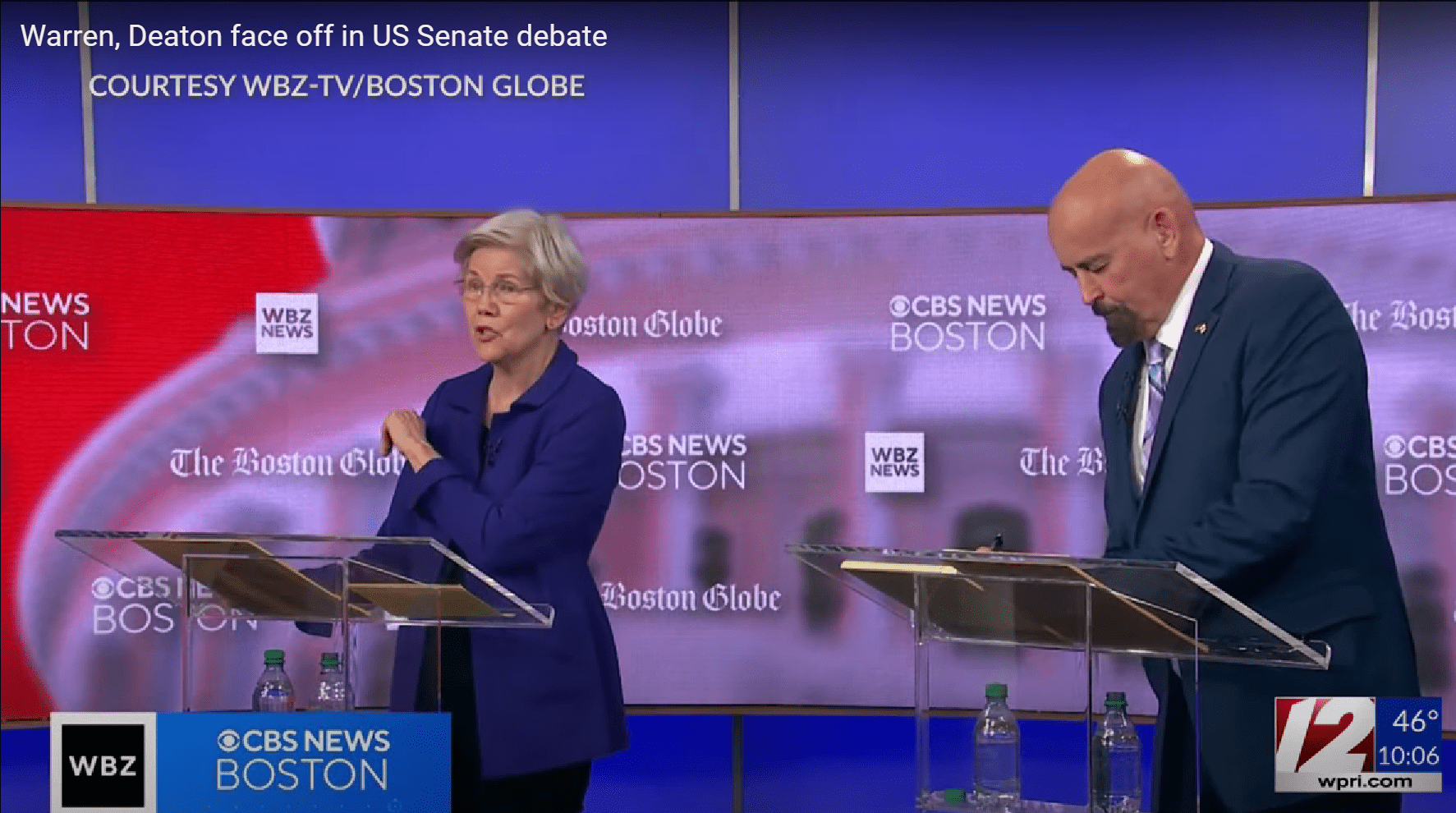 Senate Debate: Elizabeth Warren (left) vs. John Deaton (right). Source: Youtube