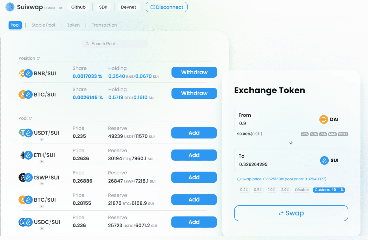 Suiswap Decentralized Platform Interface