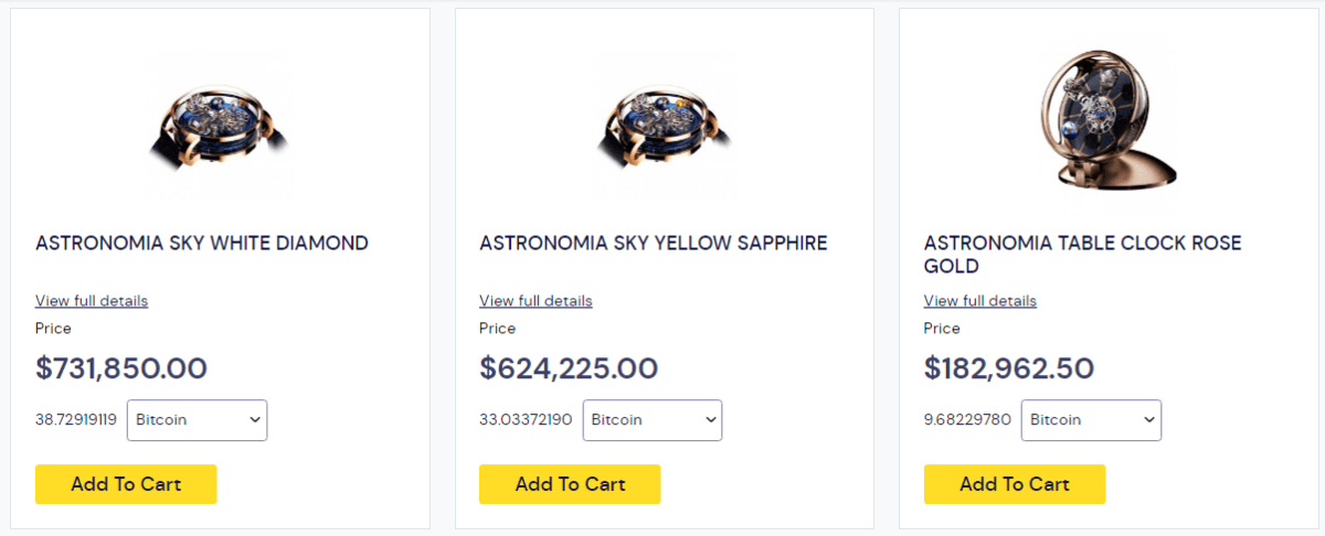 A selection of luxury watches that can be purchased using crypto.