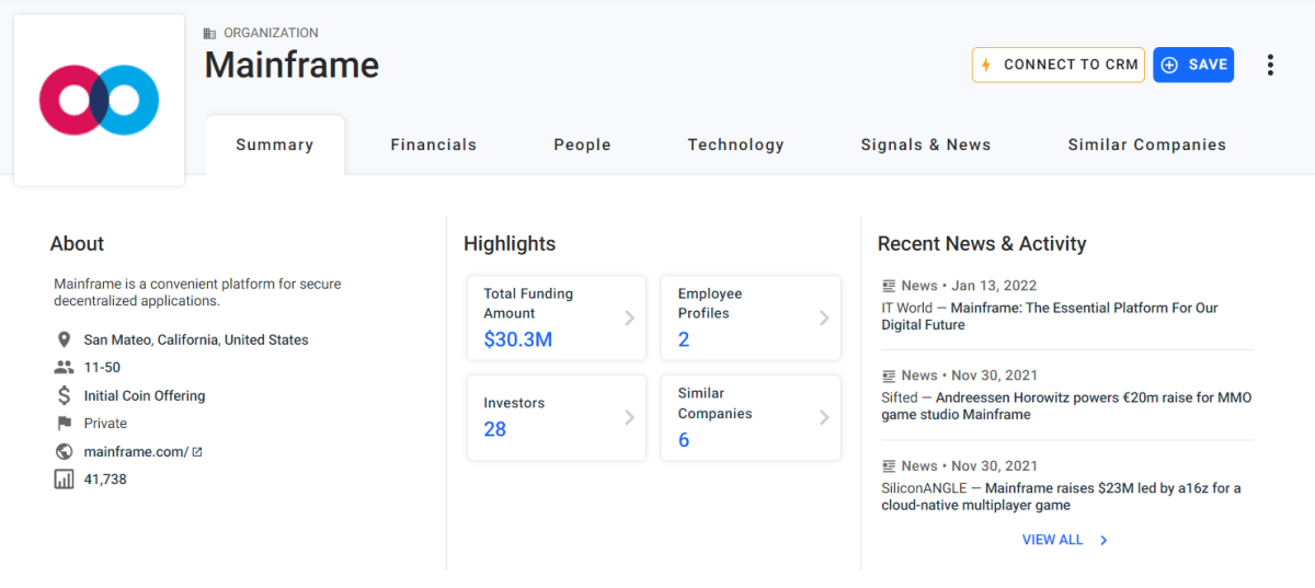 Подробности инвестиционной активности Mainframe. Источник: crunchbase.com