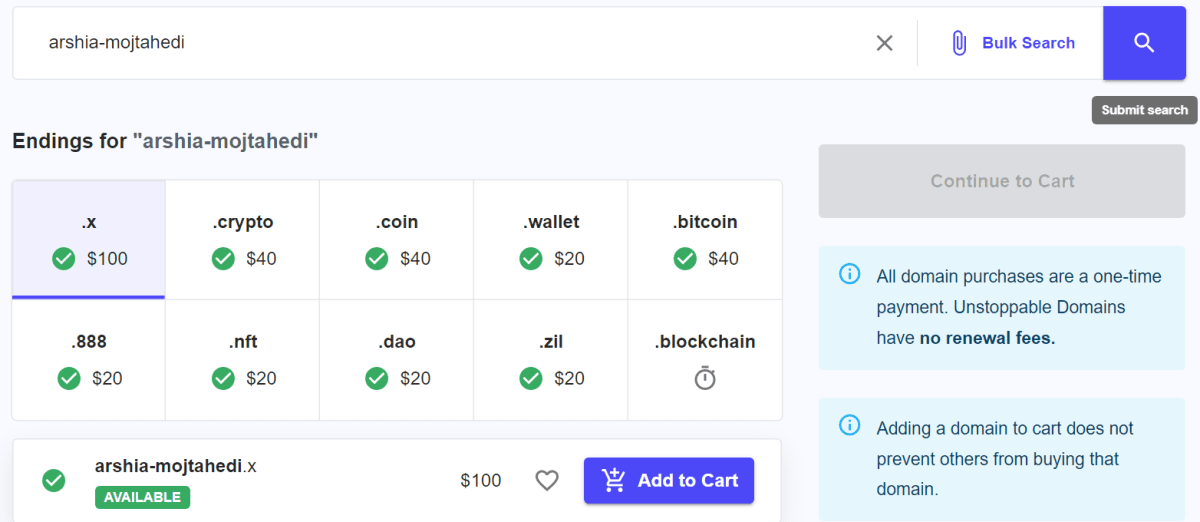 Стоимость доменов на Unstoppable Domains 