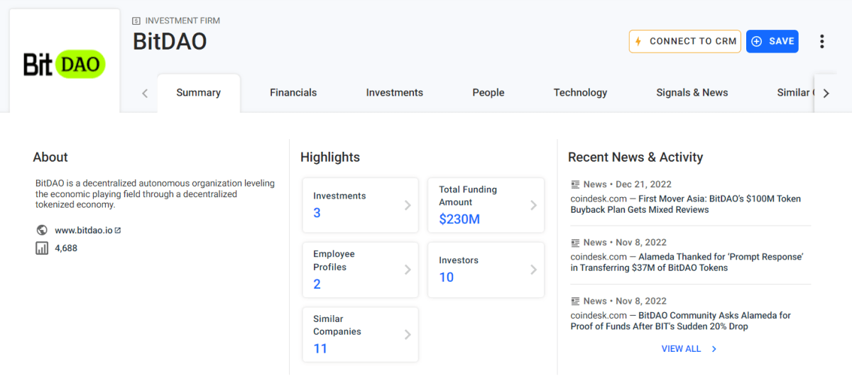 Данные по приватному раунду инвестирования BitDAO (Crunchbase)