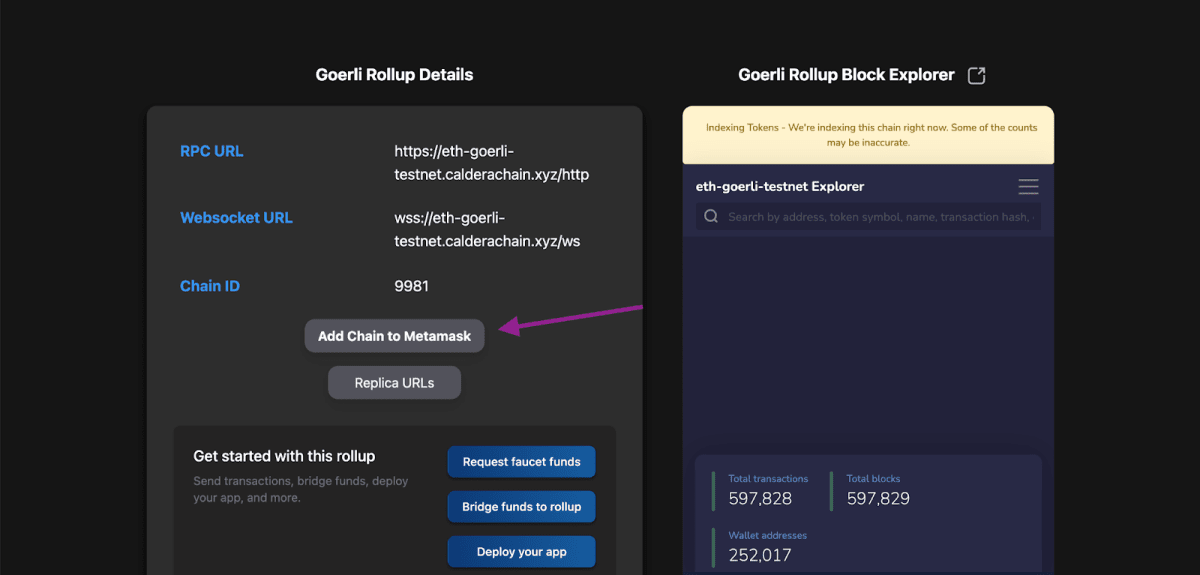 Додавання мережі Goerli Rollup до гаманця. Джерело: testnet.caldera.dev