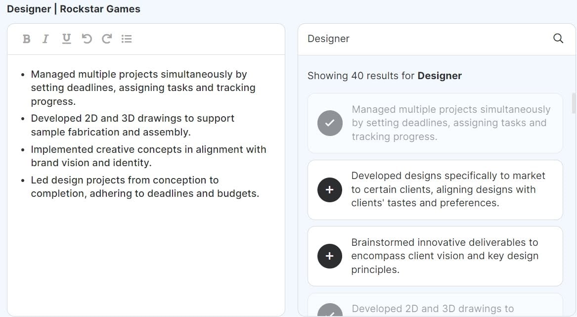  Resume Genius генерирует список обязанностей дизайнера