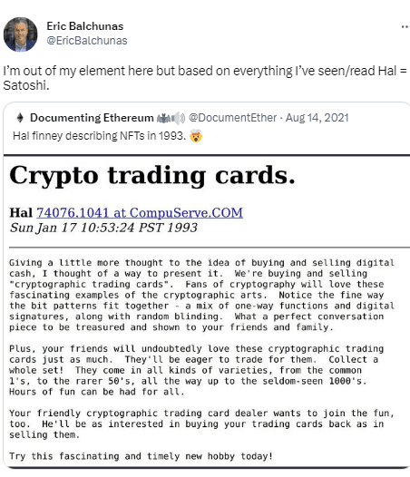 Hal Finney speculates about cryptographic trading cards. Source: Eric Balchunas