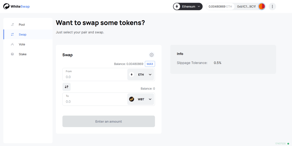 Стартова сторінка DEX WhiteSwap. Джерело:app.ws.exchange