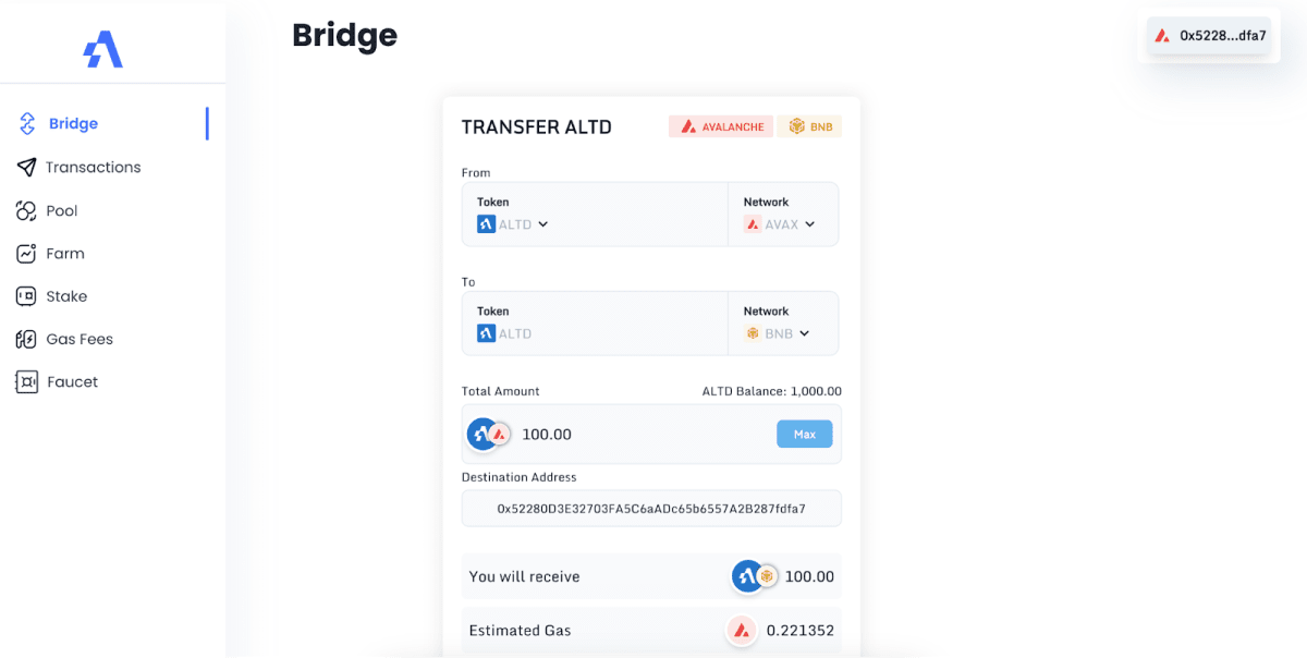 Transferring ALTD from AVAX to BNB. Source: testnet.altitudedefi.com