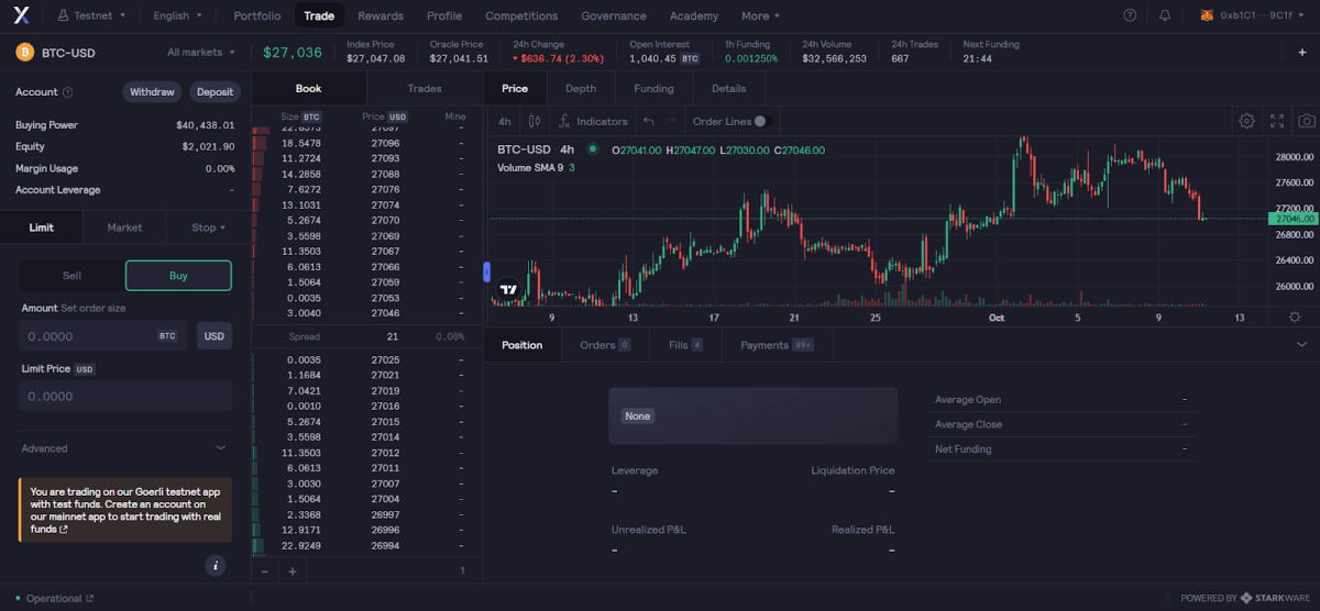 The dYdX Testnet interface.  Source: trade.stage.dydx.exchange