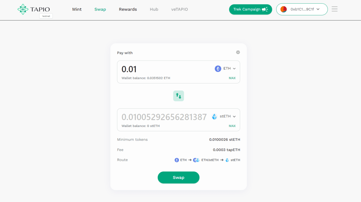 Token Exchange on Tapio Platform (https://test.tapio.finance/swap)