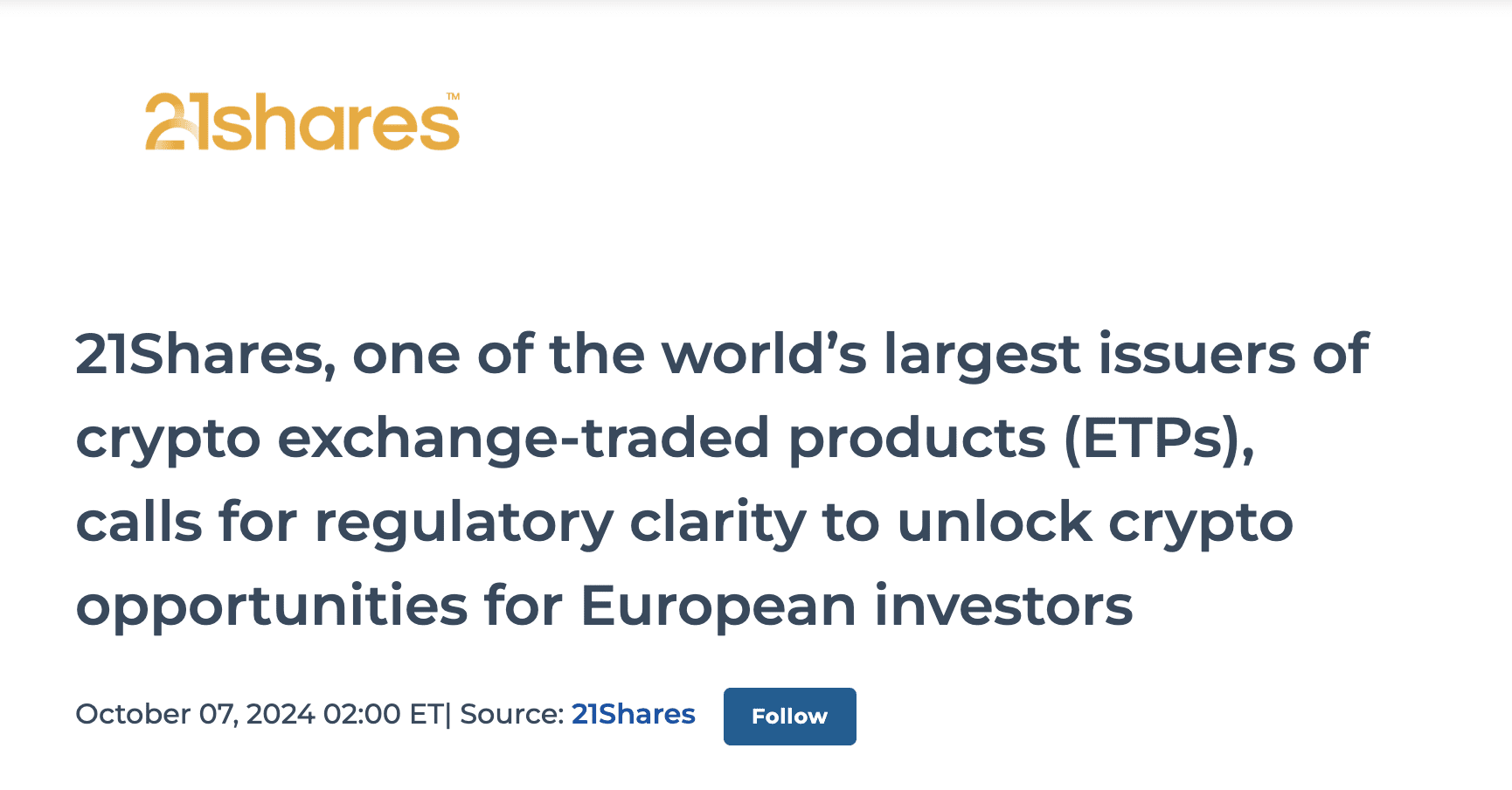 21Shares’ press release on crypto regulations. Source: GlobeNewswire