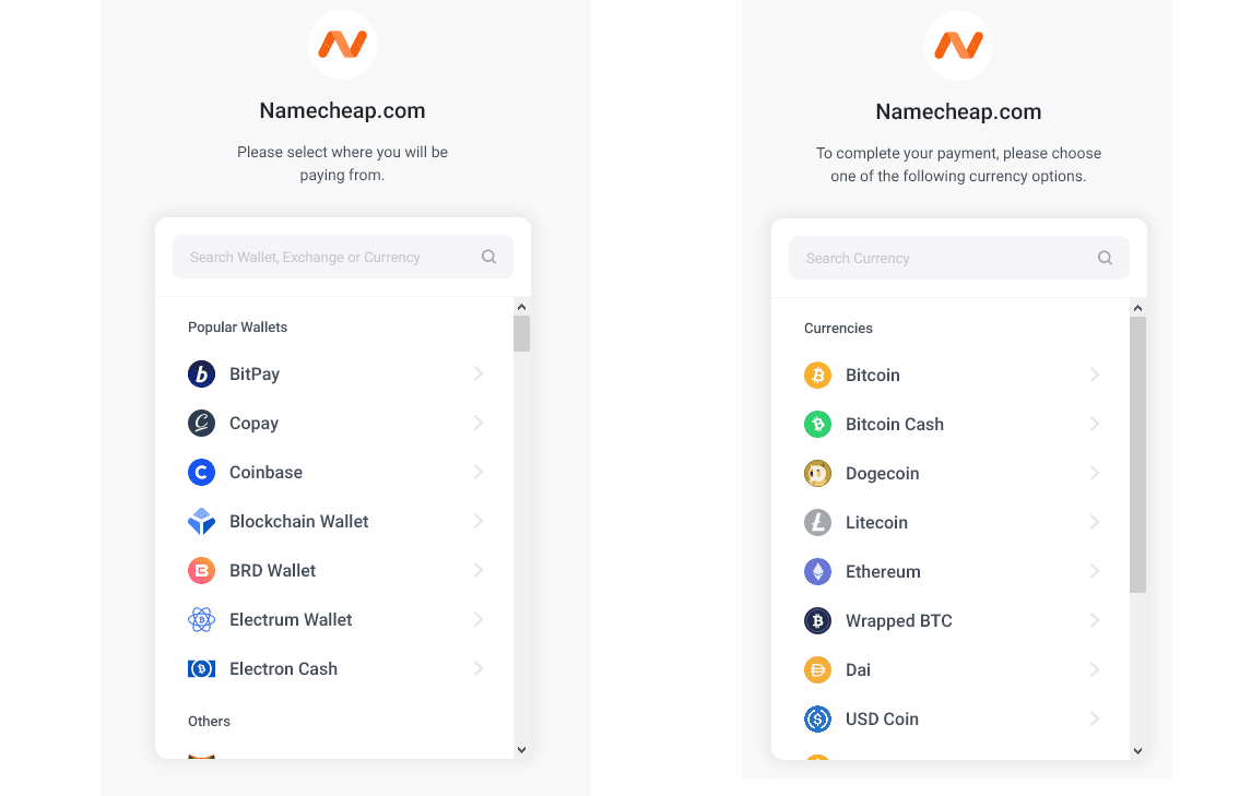 A wide array of digital wallets and cryptocurrencies are available at Namecheap as payment methods. Source: namecheap.com