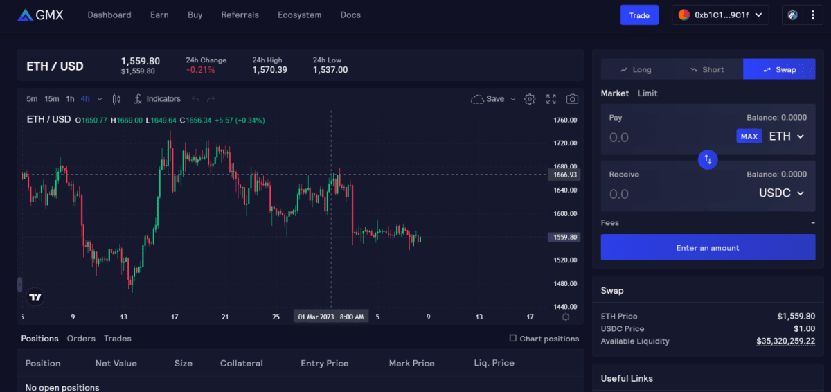 Робочий інтерфейс деривативної платформи GMX