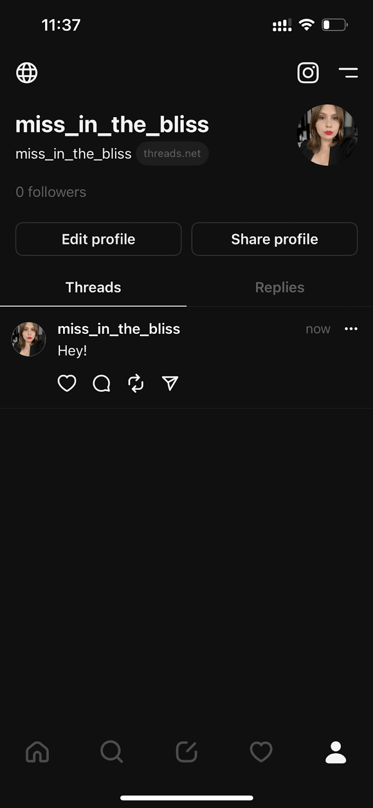 Threads’ profile example. Source: Threads’ app