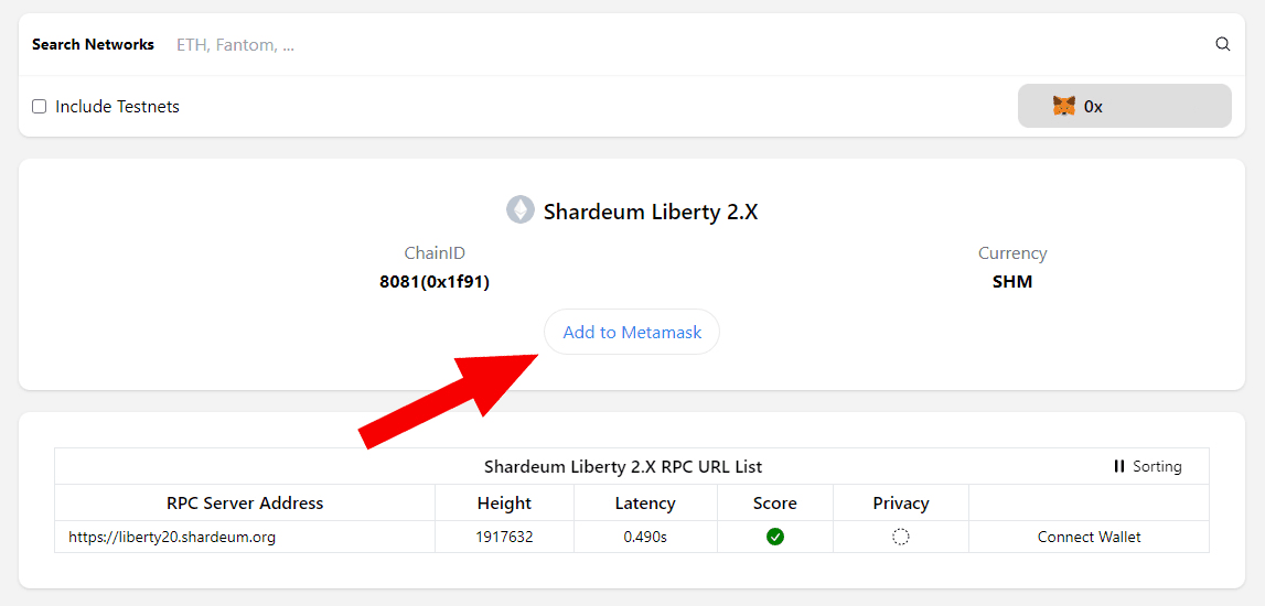 Adding Shardeum Liberty 2.X to MetaMask. Source: chainlist.org