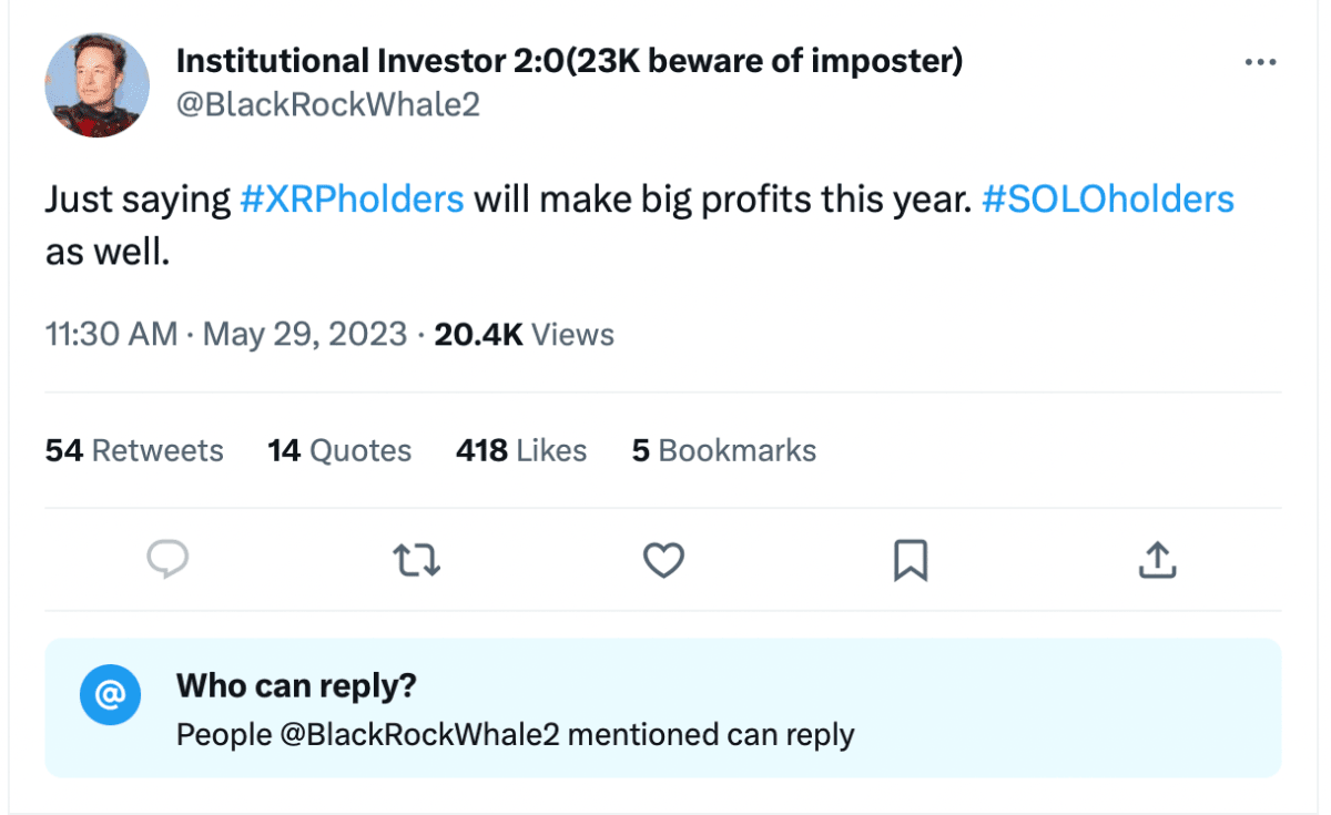 Institutional Investor 2:0 (23K beware of imposter)’s tweet. Source: Twitter 