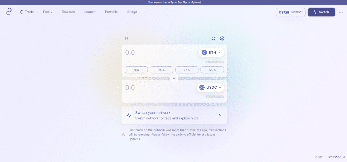 The user interface of the decentralized platform Syncswap (syncswap.xyz)