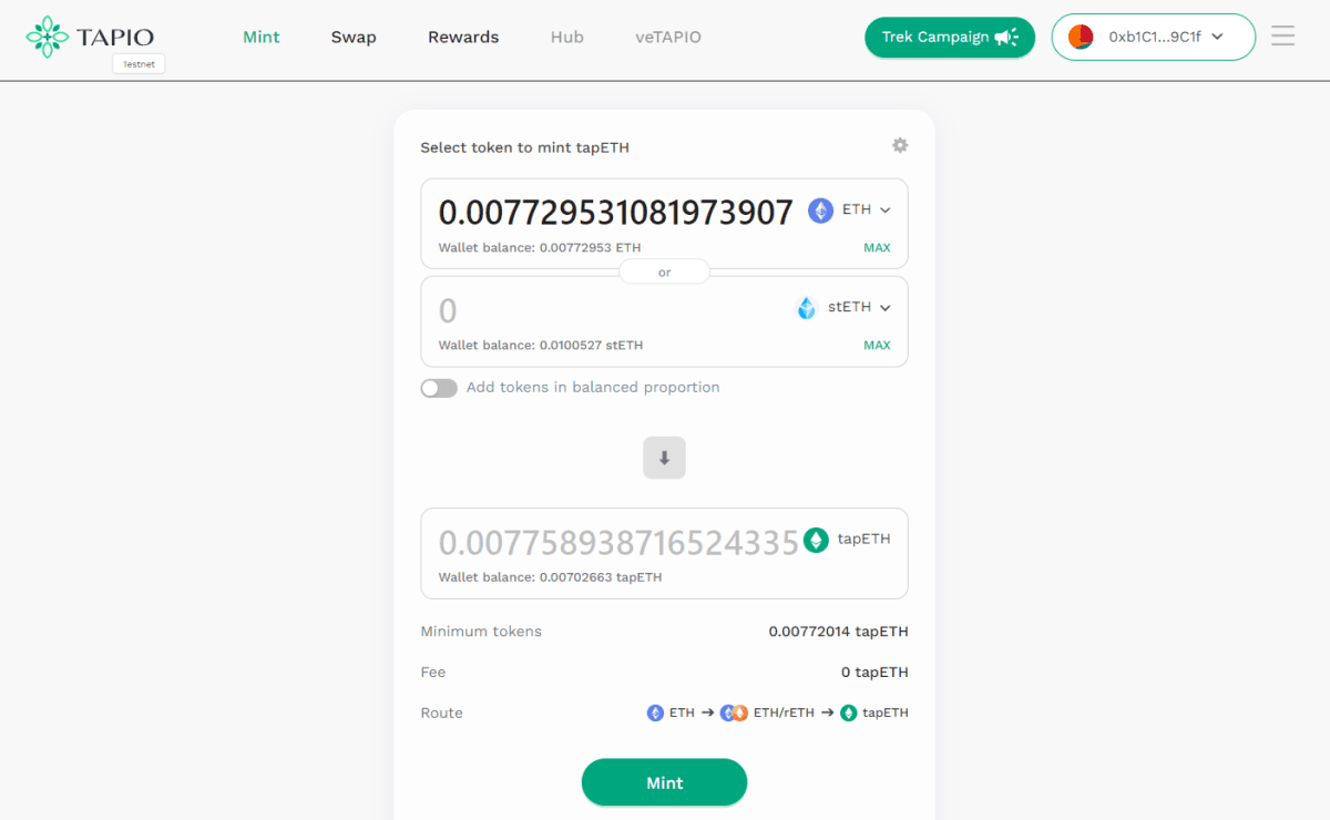 Minting tapETH tokens (test.tapio.finance)