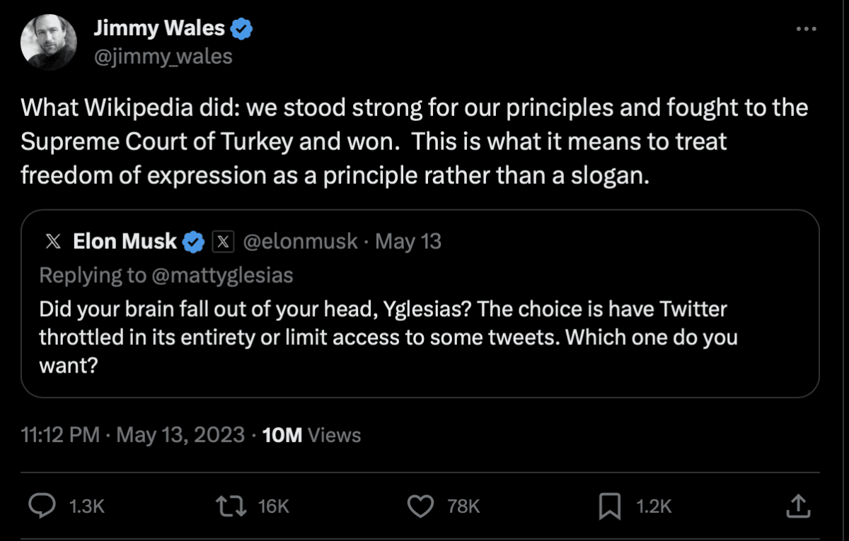 Твит Джимми Уэйлса. Источник: X (Twitter)