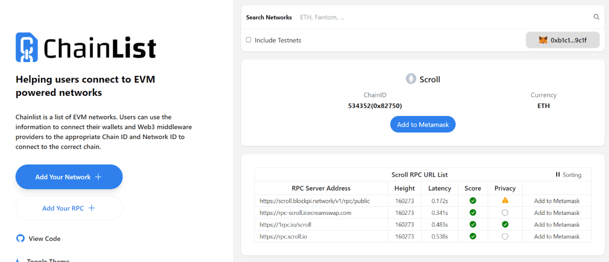 Додавання мережі Scroll до гаманця Metamask. Джерело: Chainlist.org