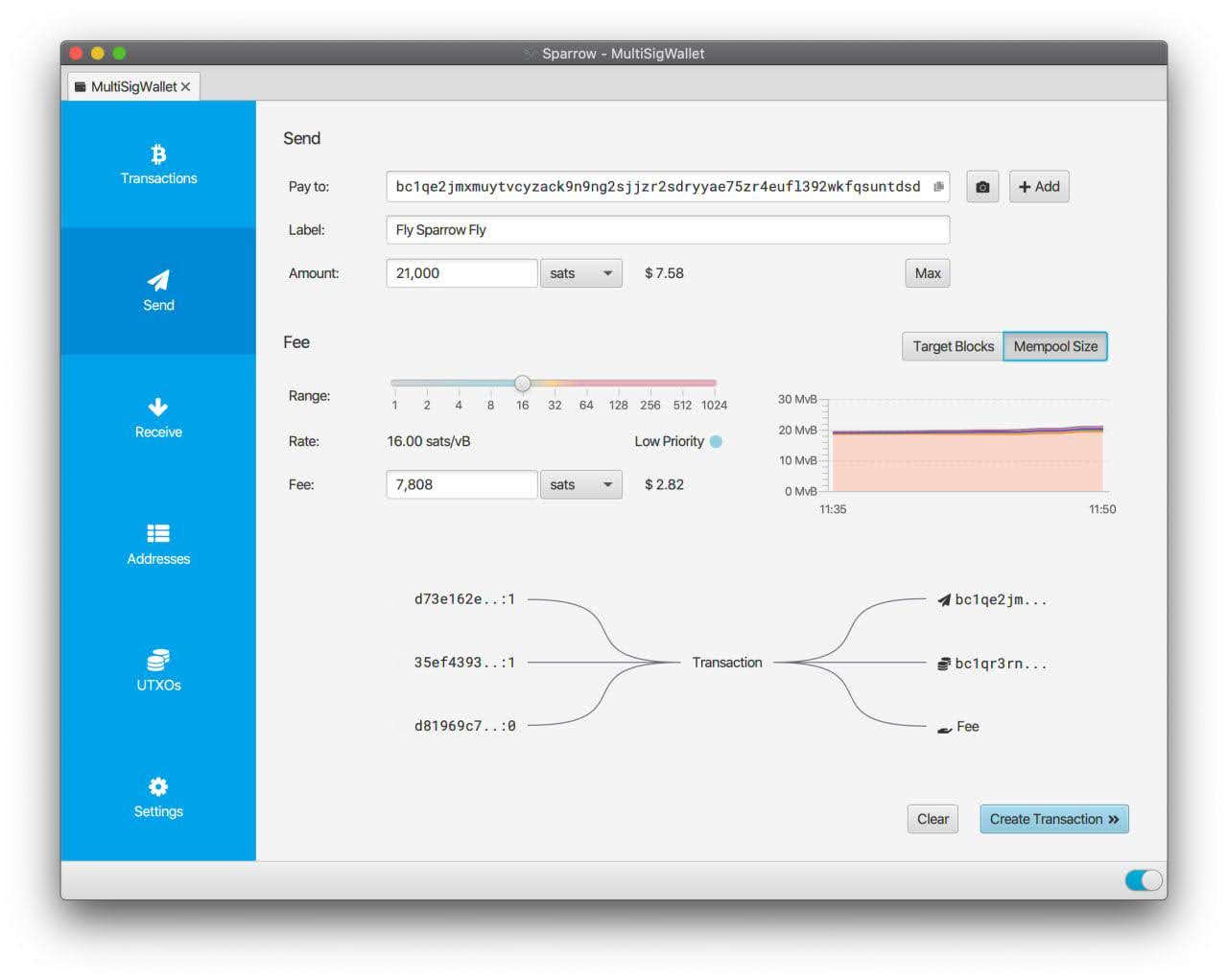 Sparrow показує входи та виходи транзакцій. Джерело: sparrowwallet.com