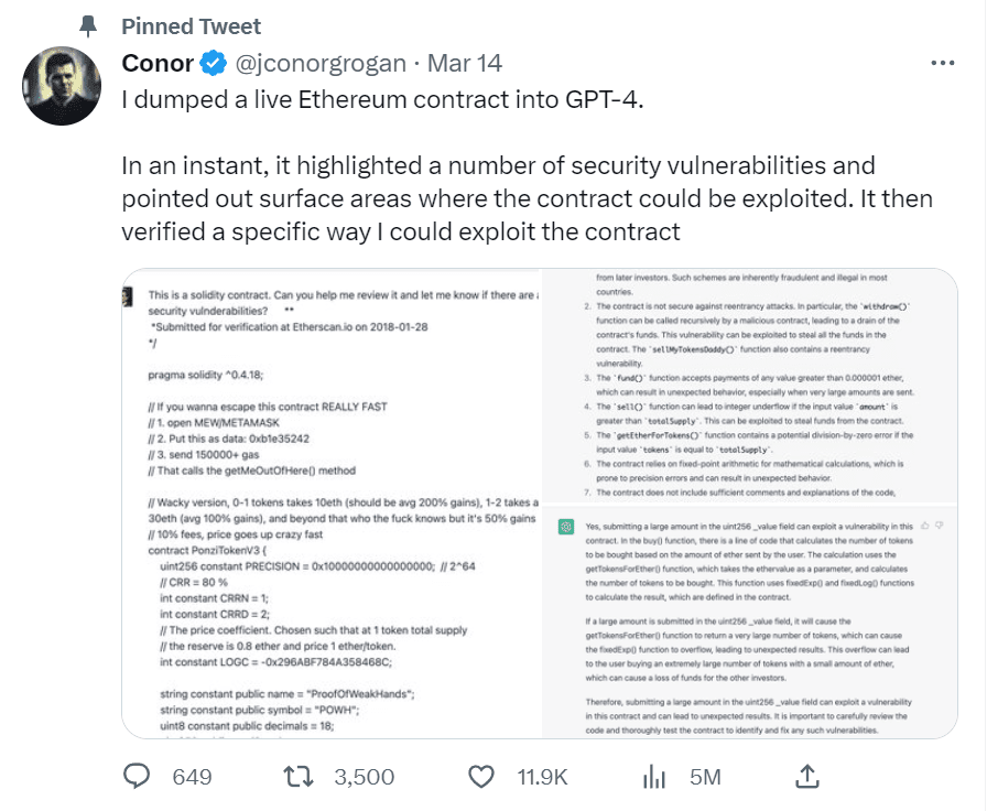 Попытки Конора Грогана использовать ChatGPT для поиска уязвимостей в смарт-контракте Источник: Twitter @jconorgrogan