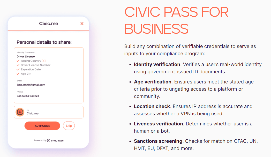 CIVIC PASS-ის შესაძლებლობები წყარო: civic.com