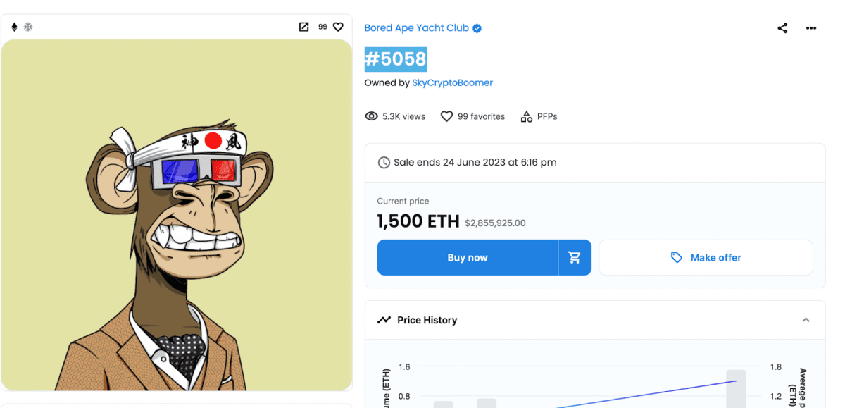 Bored Ape Yacht Club NFT for sale. Source: Bored Ape Yacht Club OpenSea Page