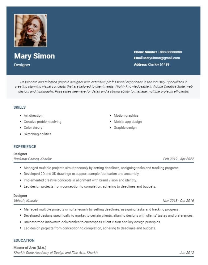 Готовое резюме, созданное приложением Resume Genius