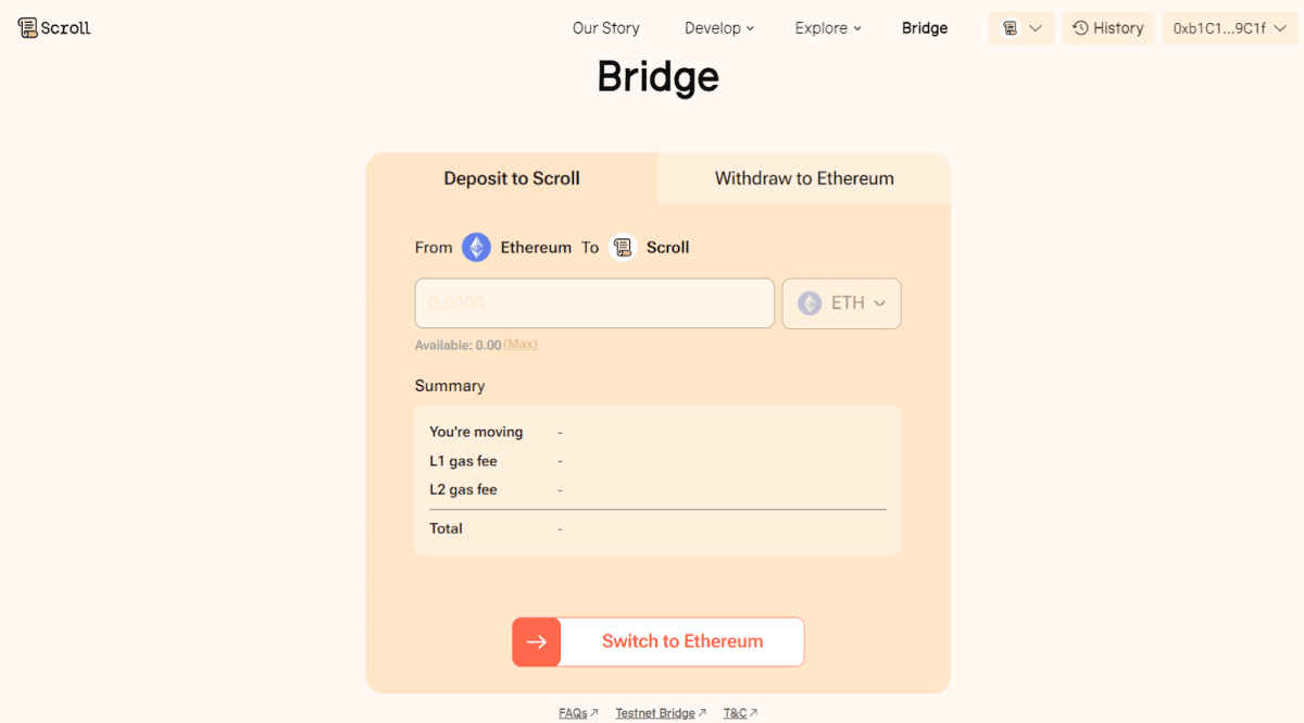 Офіційний кросчейн-міст Scroll. Джерело: scroll.io/bridge