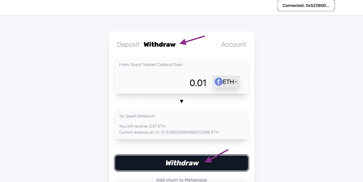 Переказ Caldera → Goerli ETH. Джерело: eth-goerli-testnet.calderabridge.xyz