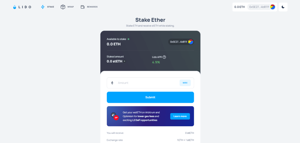Функція стейкінгу ETH на платформі LIDO