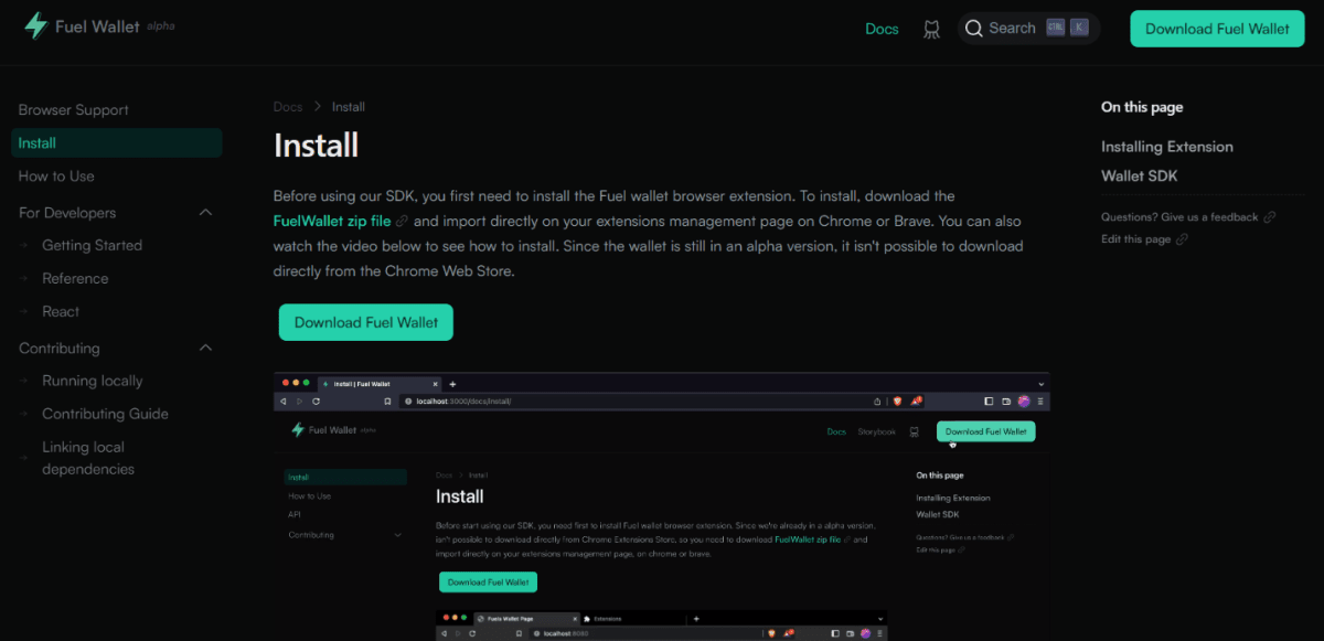 Загрузка архива с программным обеспечением кошелька Fuel Network (https://wallet.fuel.network/docs/install/)