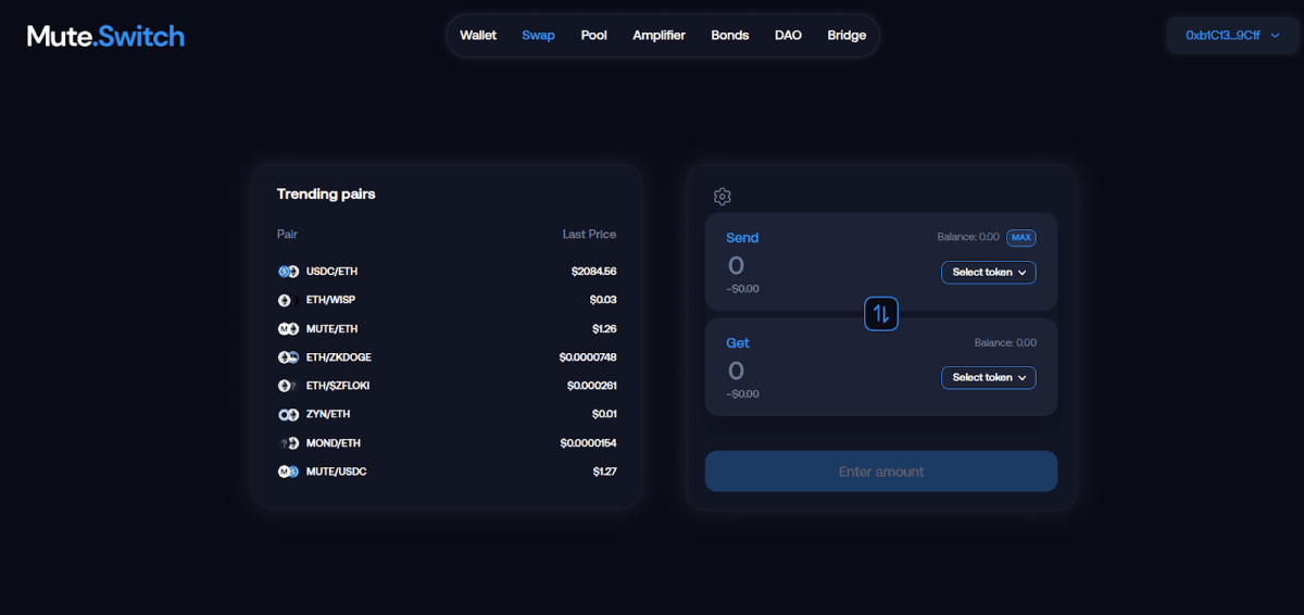 DEX Mute user interface (mute.io)