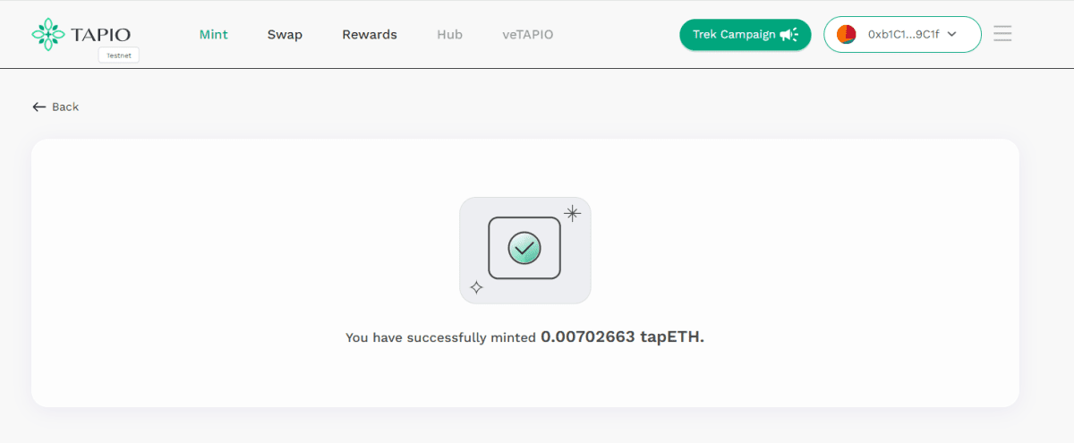 Successful mint of tapETH (test.tapio.finance)