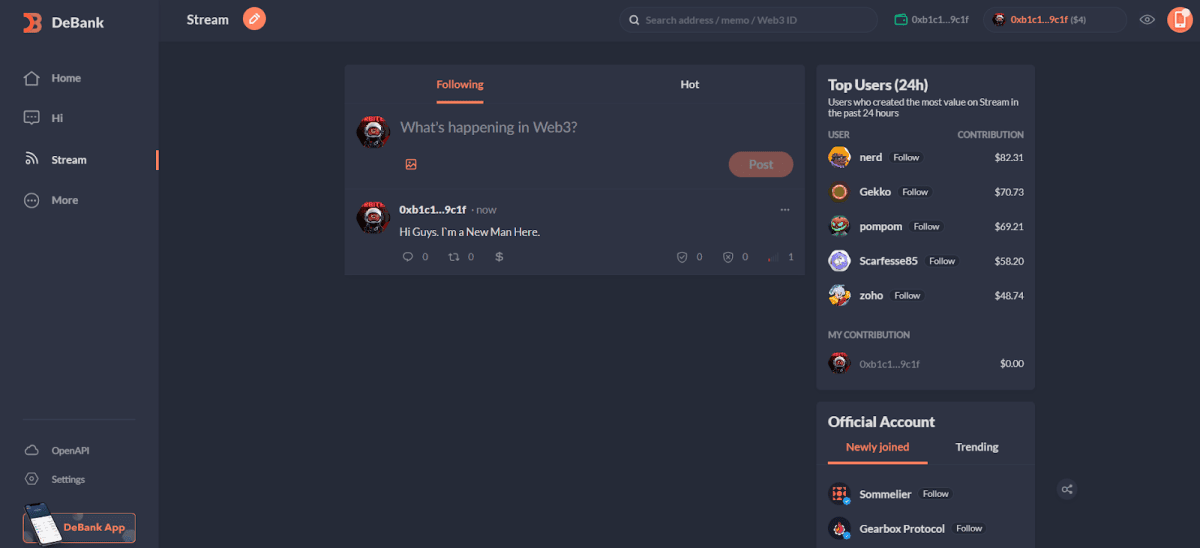 Блок Stream на DeBank для взаимодействия с аудиторией (debank.com)