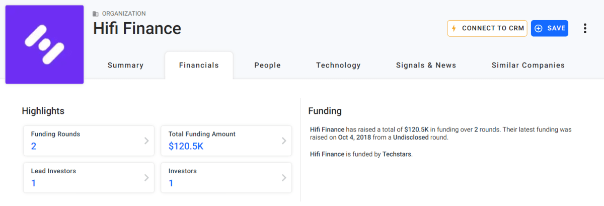 Объем инвестиций в Hifi Finance. Источник: crunchbase.com