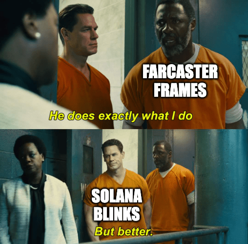 Solana Blinks does what Farcaster Frames does, but better. Source: x.com