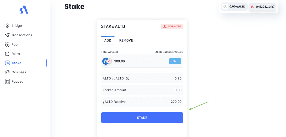Staking ALTD. Source: testnet.altitudedefi.com