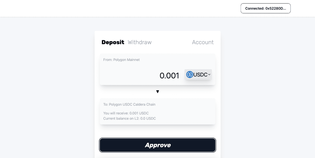 Переказ Polygon USDC → Caldera. Джерело: usdc-polygon-testnet.calderabridge.xyz
