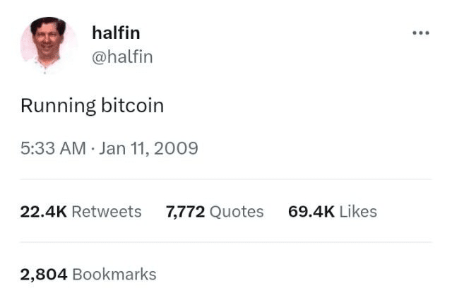Historic tweet from Finney about initializing a Bitcoin node. Source: Developer